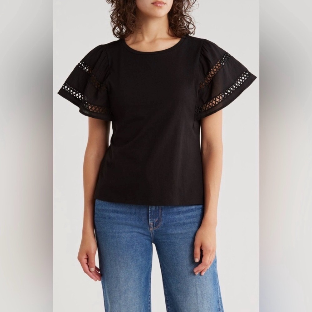 Muse Black Eyelet Flutter-Sleeve Crewneck Top